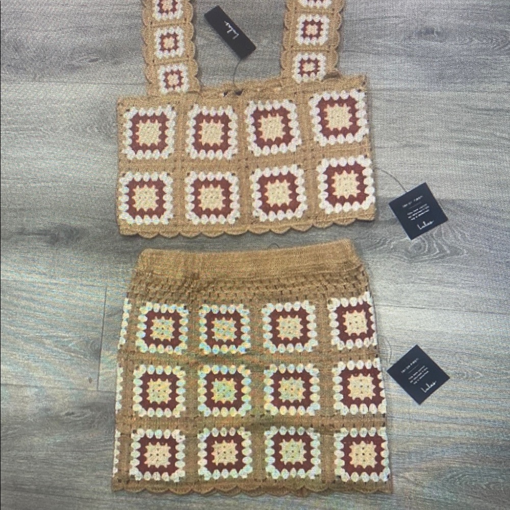 Aesthetic Instinct Beige and Red Crochet 2 Piece Mini Dress Skirt Lulu’s Small